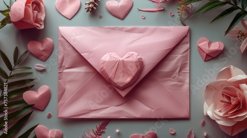 Heart-shaped envelope with pink paper hearts. Happy Valentine's Day!