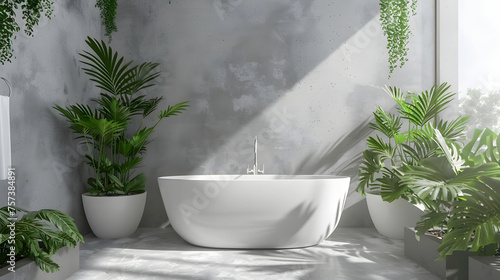 Minimalist bathroom featuring a white bathtub surrounded by a plethora of green plants and dramatic shadows on the walls
