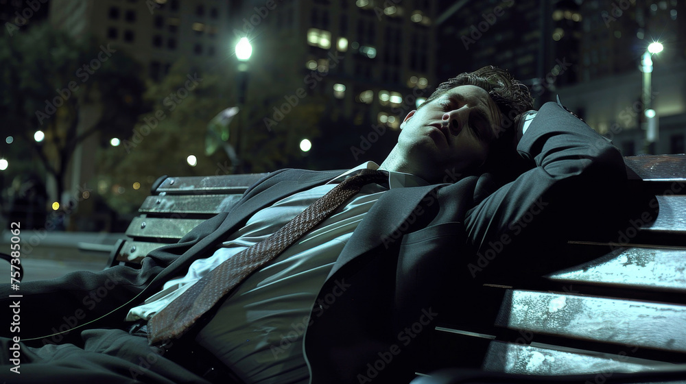 Tired Businessman Sitting on City Bench, Unwinding by Loosening Tie and Clutching Head in Exhaustion, Reflecting the Stressful Urban Lifestyle Concept