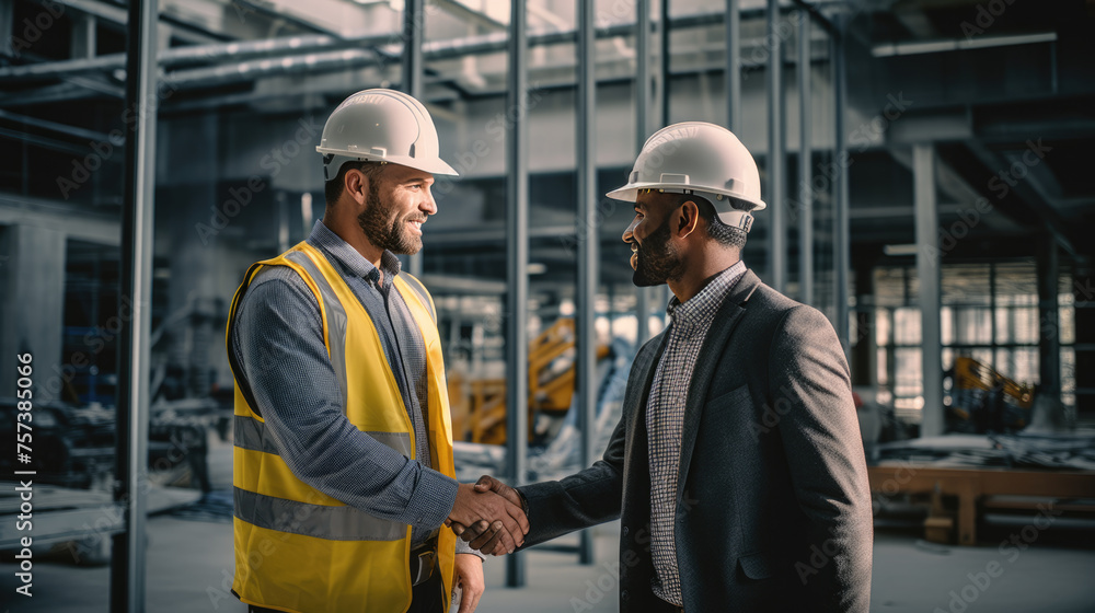 Two smiling construction workers, shaking hands at a construction site with heavy machinery in the background Two smiling construction workers, shaking hands at a construction site with heavy machinery in the background