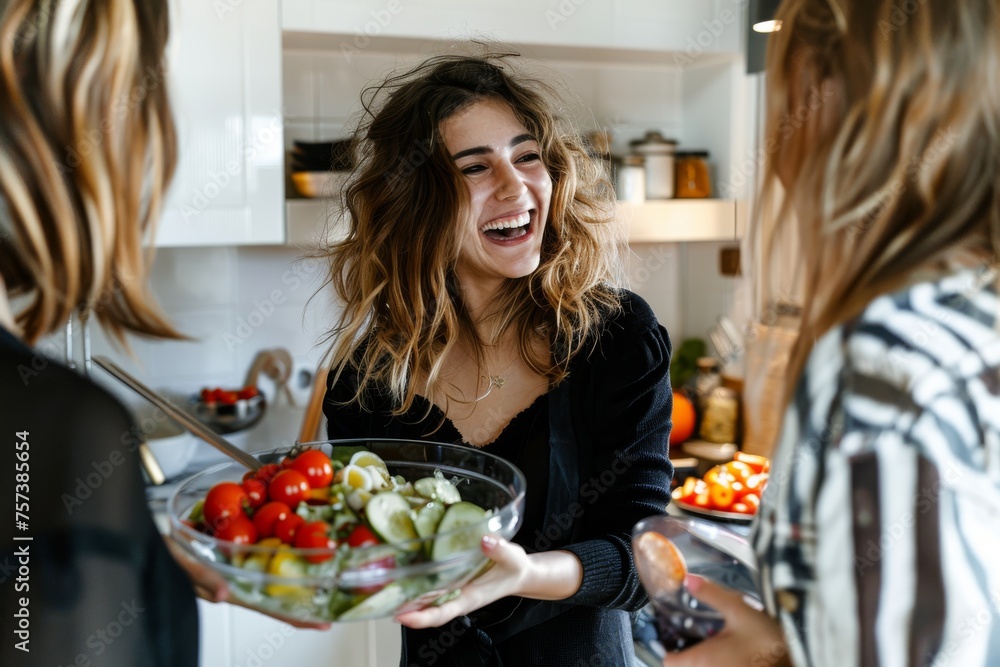 Young woman is laughing with her friends at party as she holding bowl a salad on white kitchen. Young woman is laughing with her friends at party as she holding bowl a salad on white kitchen.