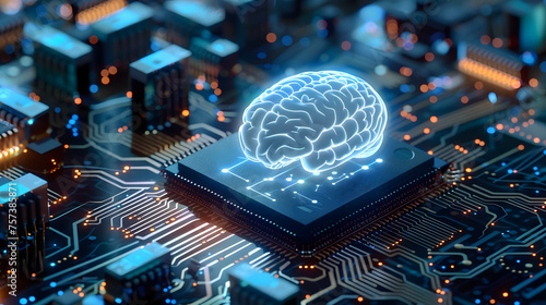 AI technology or artificial intelligence that has become a part of human life, AI helps humans work more easily, hologram brain floating out from microchip, neural network concept