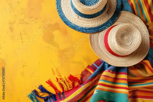 Two straw hats are on a yellow background. The hats are red and blue. The background is yellow and has a striped pattern