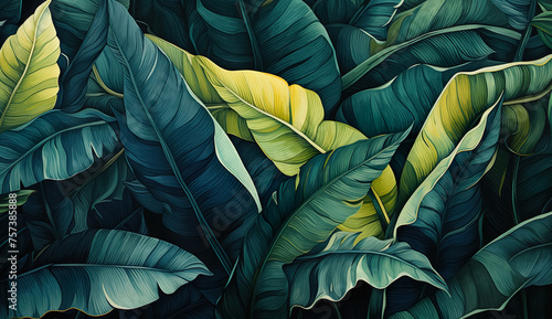 Pencil color drawing or painting of dark banana,plam leaves detail with dramatic shadow lighting.tropical botany floral wallpaper background.foliage greenery art with complex layer © Limitless Visions