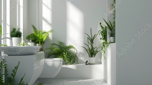 A serene white bathroom flooded with natural light and green plants creating a peaceful  fresh atmosphere