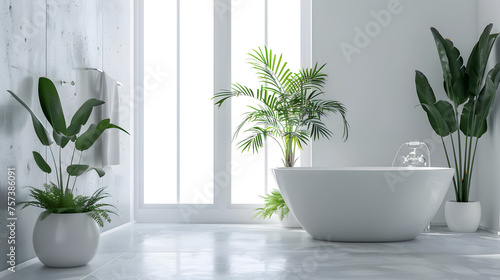 Modern bathroom with white freestanding tub and greenery  conveying a blend of nature and contemporary design