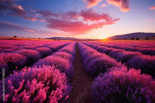 Lavender field at dusk under a colorful sunset sky