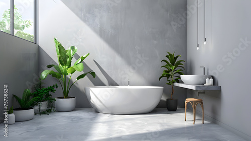 This minimalist bathroom showcases a sleek bathtub  selective plants  and the interplay of light and shadow on concrete