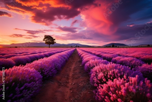 A tree stands among lavender flowers in a natural landscape under a violet sky