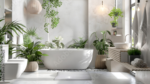 A serene modern bathroom filled with sunlight filtering through lush green plants and contemporary fixtures photo