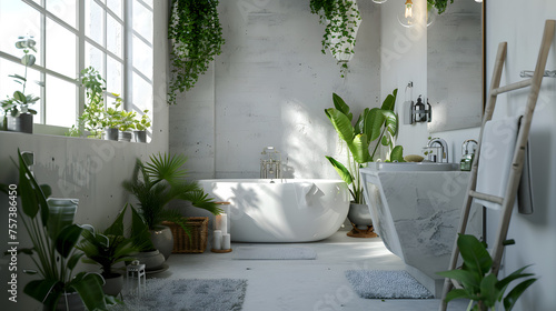 A pristine bathroom oasis showcasing a standalone bathtub surrounded by lush greenery and soft natural light