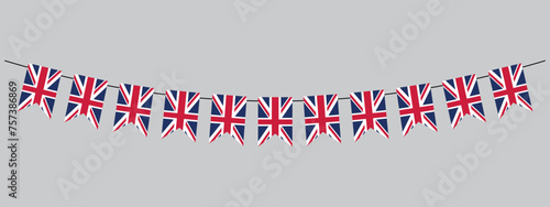 UK flag garland, Union Jack pennants chain, British party bunting decoration, Great Britain flags for coronation decor, vector decorative elements