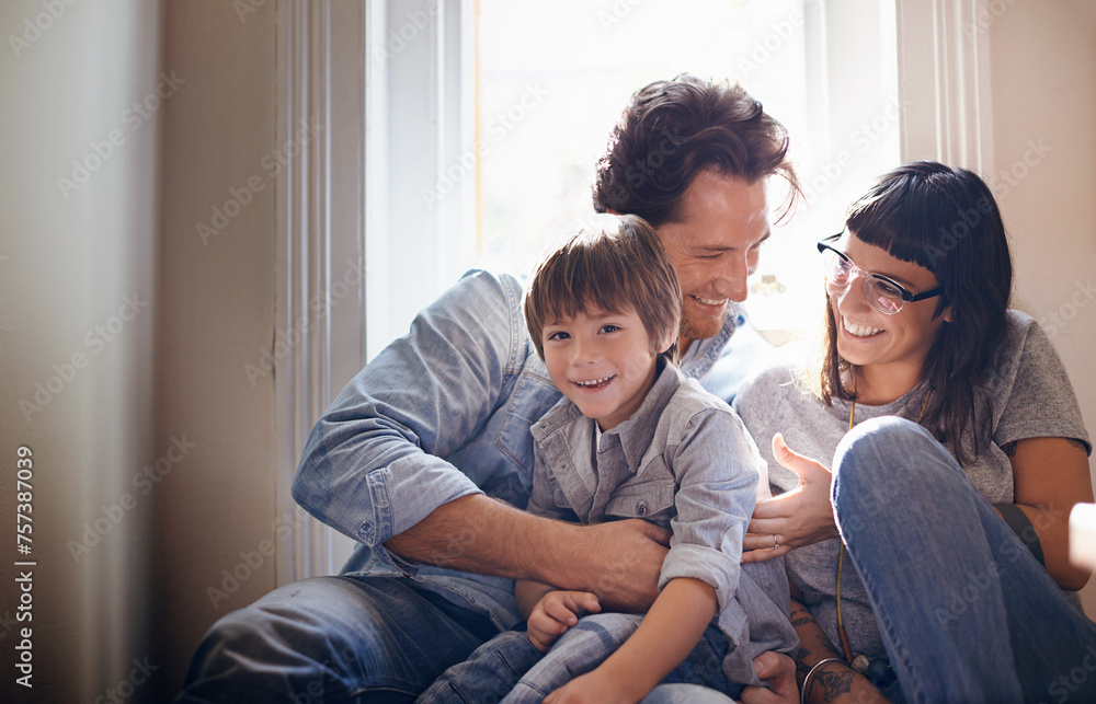 Portrait, laughing or family with child in home, house or apartment for support, care or love. Happy boy, funny mom or dad with kid or hug on holiday vacation, joke humor or relax together in England Portrait, laughing or family with child in home, house or apartment for support, care or love. Happy boy, funny mom or dad with kid or hug on holiday vacation, joke humor or relax together in England