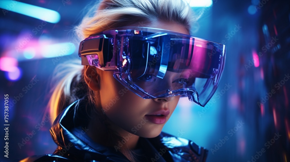 Girl dons augmented reality glasses. Gorgeous digital landscape comes alive. Girl dons augmented reality glasses. Gorgeous digital landscape comes alive.