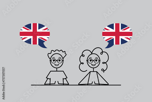 british english speakers, Great Britain English speaking, cartoon boy and girl with speech bubbles in UK flag colors, learning English language vector illustration