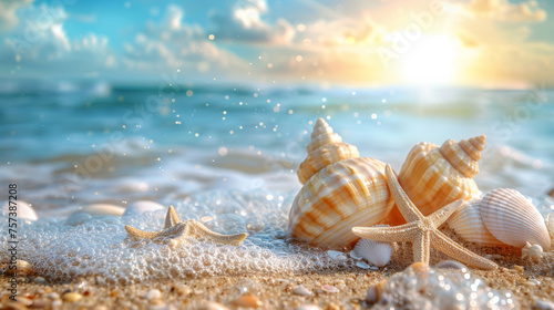 Close-up of seashells and starfish on the shore with sparkling water. © khonkangrua