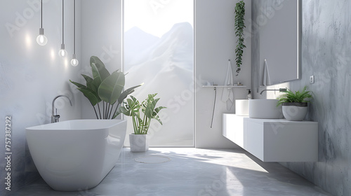 Expansive and well-lit bathroom interior with a standalone bathtub  green plants for a fresh atmosphere  and a minimalist touch