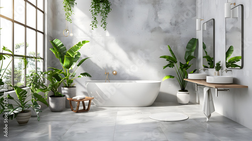 A wide-angle view of a well-lit spacious bathroom featuring a standalone bathtub, green plants, and elegant fixtures