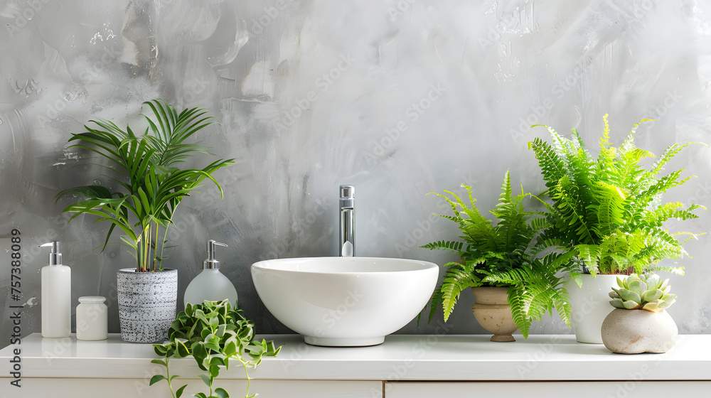 Natural elements and a modern basin set against a textured grey background, combining style with tranquility Natural elements and a modern basin set against a textured grey background, combining style with tranquility