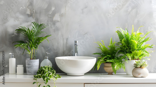 Natural elements and a modern basin set against a textured grey background, combining style with tranquility