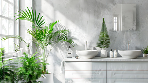 A fresh, clean bathroom scene with sunlight highlighting potted green plants and white furniture © Reiskuchen