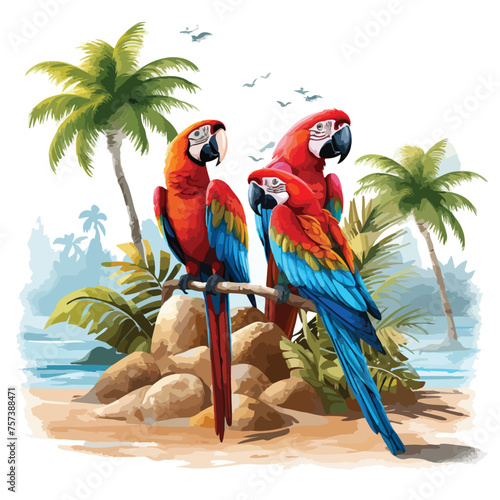 A group of colorful parrots chatting on a tropical 