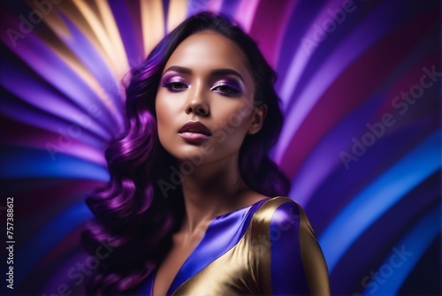 Woman embodies vogue glamour in gold. Beautiful artwork evokes admiration.