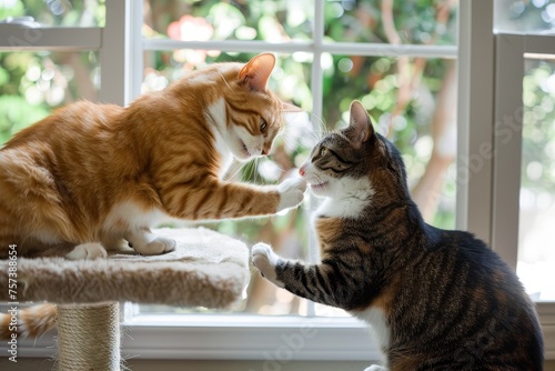 Two Playful Cats Engaged in a Wrestling Match on a Multi-Level Cat Condo, Showcasing Feline Curiosity and Playfulness Concept