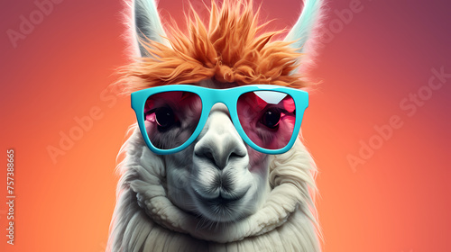 A stylish llama wearing sunglasses against a vibrant background © xuan