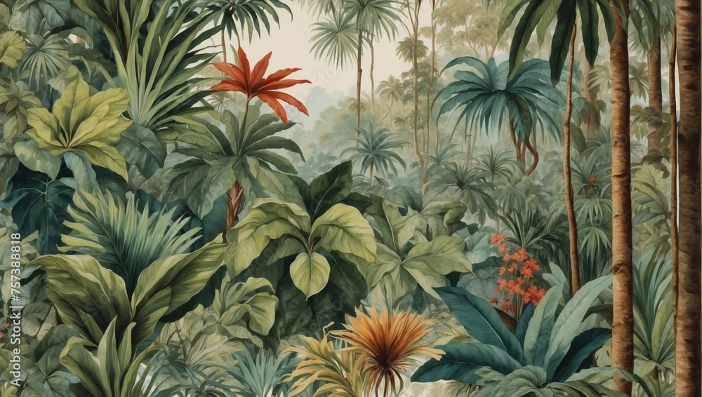 Jungle landscape depicted in watercolor, creating a retro wallpaper pattern with timeless appeal.
