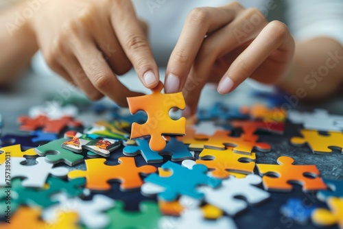 Success and strategy business concept, Close-up hands of woman connecting jigsaw puzzle.