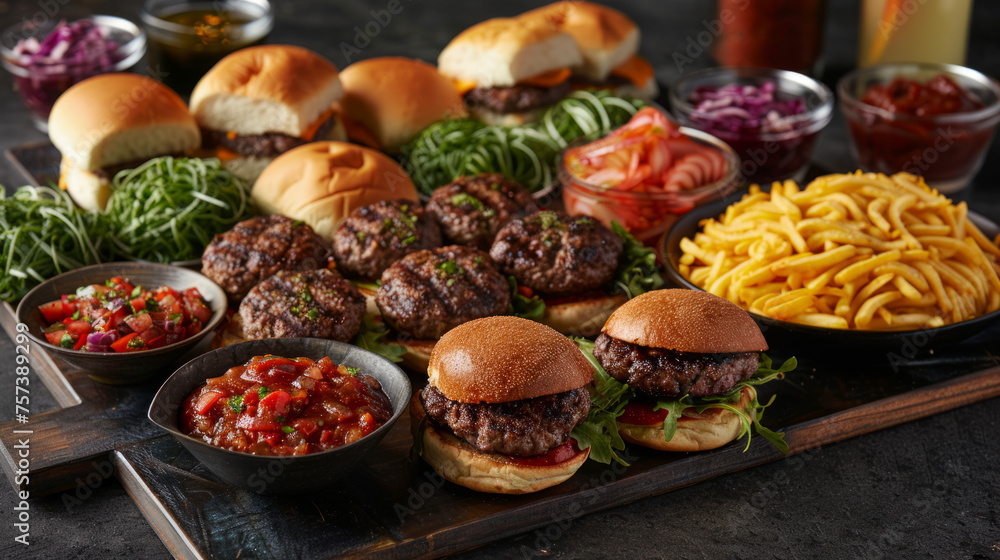 An enticing display of burgers, fries, and assorted sauces spread out on a table, inviting a feast