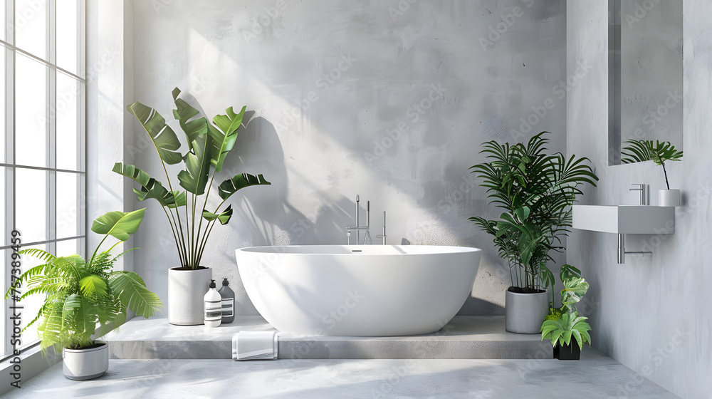 A well-lit corner of a modern bathroom with a freestanding bathtub surrounded by lush plants and daylight A well-lit corner of a modern bathroom with a freestanding bathtub surrounded by lush plants and daylight