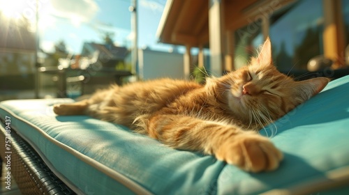 Cat Enjoying Sunlight on Screened Patio Catio, Emphasizing Comfort and Relaxation Concept photo