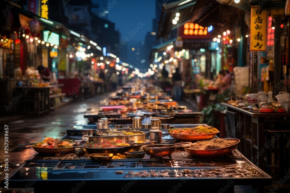 Busy city street at night lined with foodfilled tables