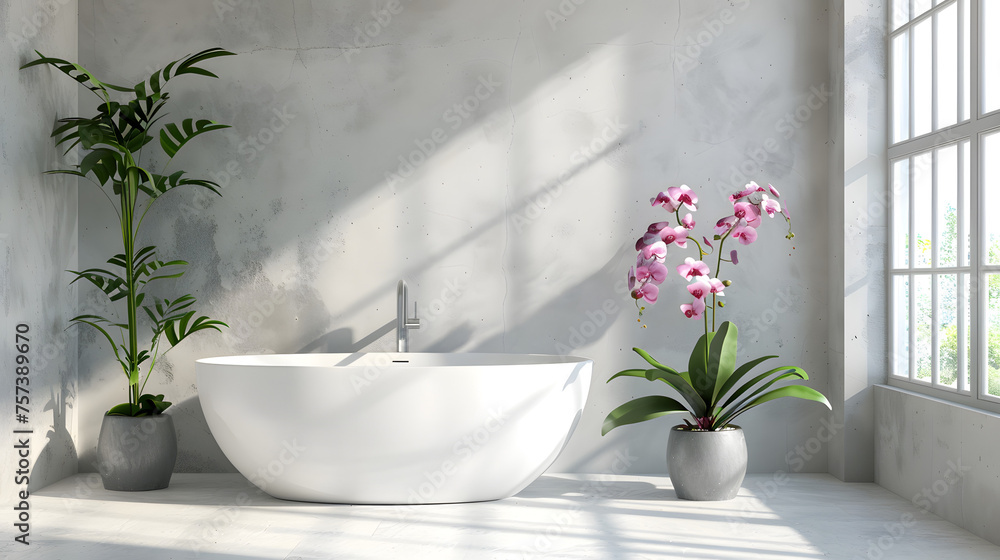 Bright minimalist bathroom with a white standalone bathtub accented by tall green plants and textured walls Bright minimalist bathroom with a white standalone bathtub accented by tall green plants and textured walls