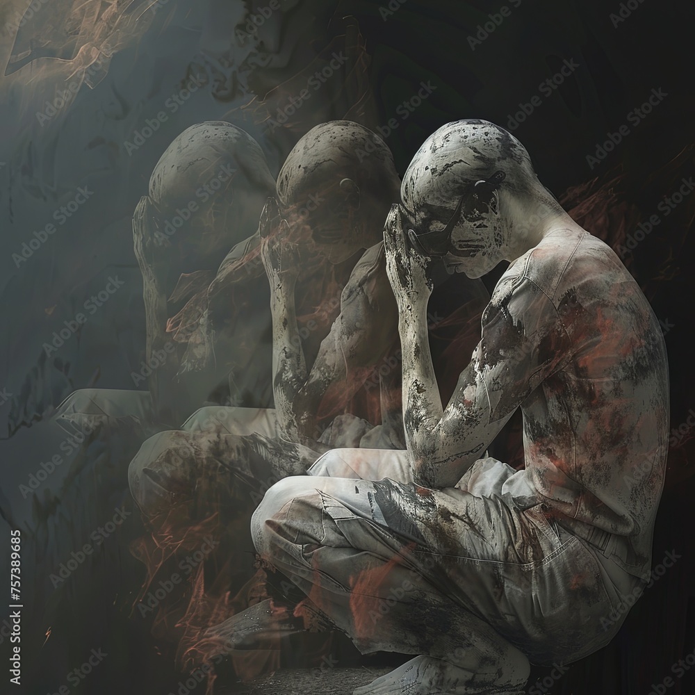 Mental Health Awareness: PTSD Post-Traumatic Stress Disorder, is a mental health condition triggered by experiencing or witnessing a traumatic event, leading to flashbacks, nightmares. - obrazy, fototapety, plakaty 