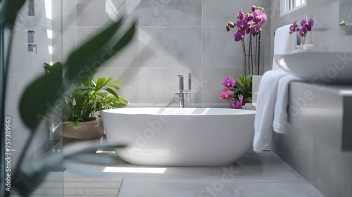 Beautifully designed bathroom with a minimalist bathtub  orchids  and verdant plants creating a tranquil spa-like atmosphere