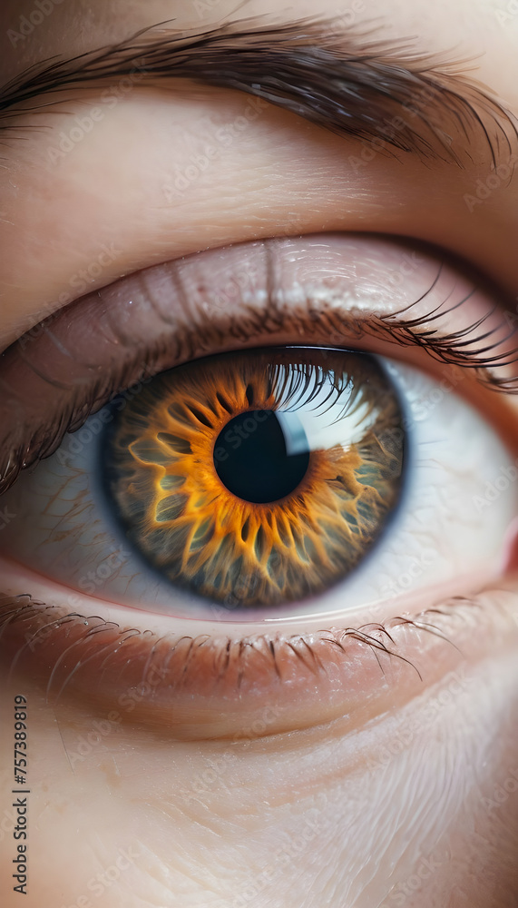 Fototapeta premium Close-up of a striking human eye with detailed iris Generative AI image