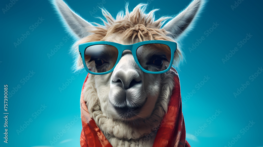 A stylish llama wearing sunglasses against a vibrant background