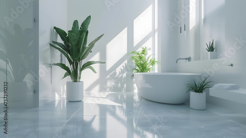 This modern bathroom features white walls  sleek fixtures  and vibrant green plants that add a touch of nature