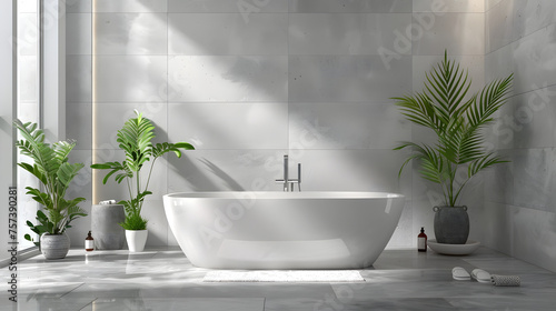 A spacious modern bathroom design accentuated by natural light and green plants  featuring a freestanding bathtub and glossy floor