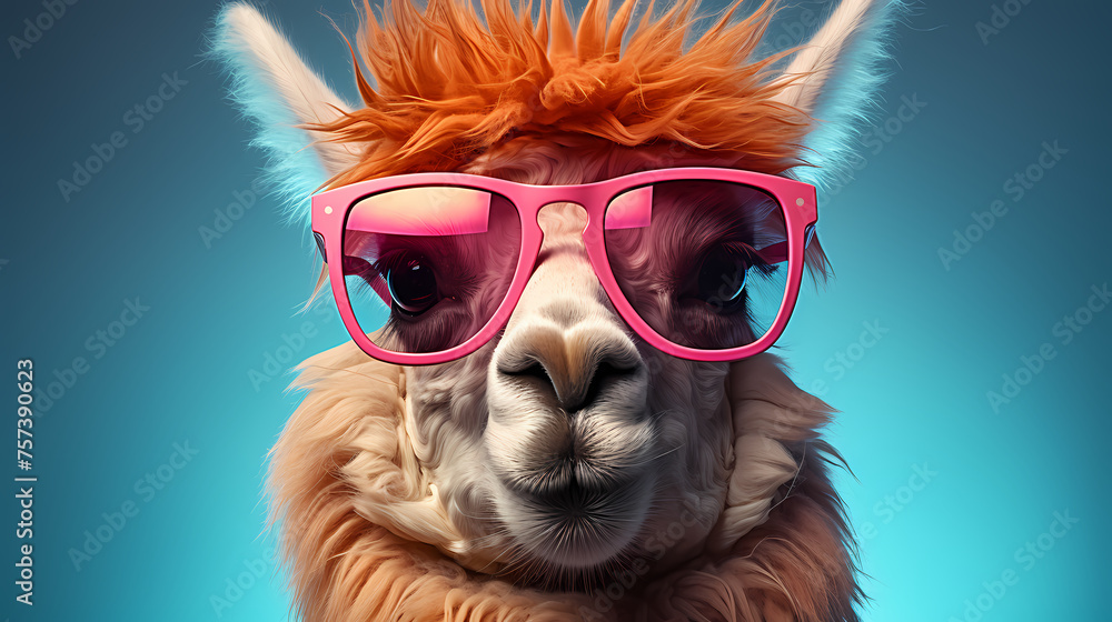 A stylish llama wearing sunglasses against a vibrant background