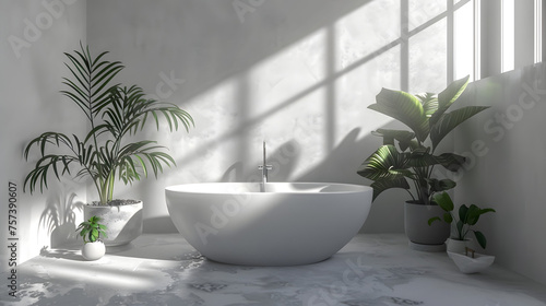 A minimalist bathroom bathed in sunlight with stark white fixtures and green plants creating a tranquil space