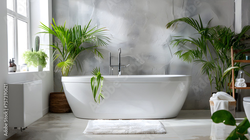 Contemporary bathroom design featuring a white freestanding bathtub, vibrant green plants, and a minimalist aesthetic
