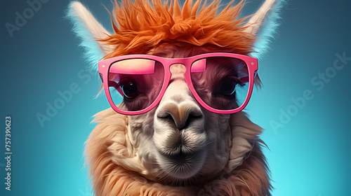 A stylish llama wearing sunglasses against a vibrant background © xuan