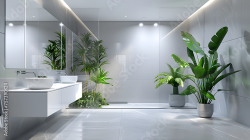 A chic  modern bathroom with lush greenery  white fixtures  and a spacious design that exudes luxury and comfort