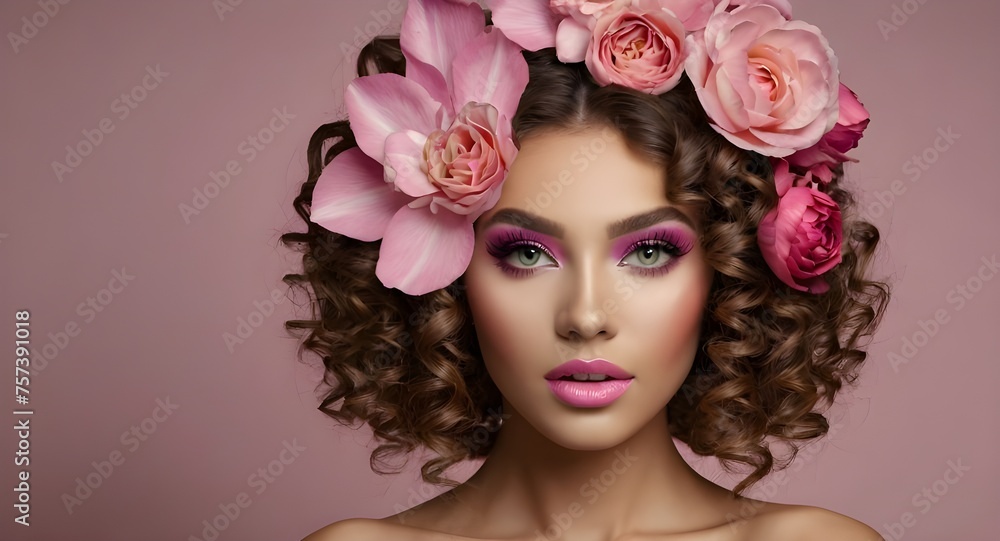 Fashion Woman Girl with Makeup Curly Hair and Pink.Generative ai