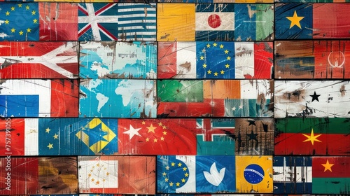 A wall covered in flags from around the world. The flags are in different colors and sizes. Collage of various international photo