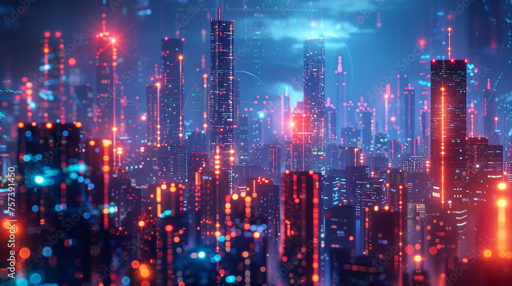 Futuristic cityscape with towering skyscrapers, represents a different sector of the economy - finance, technology, manufacturing